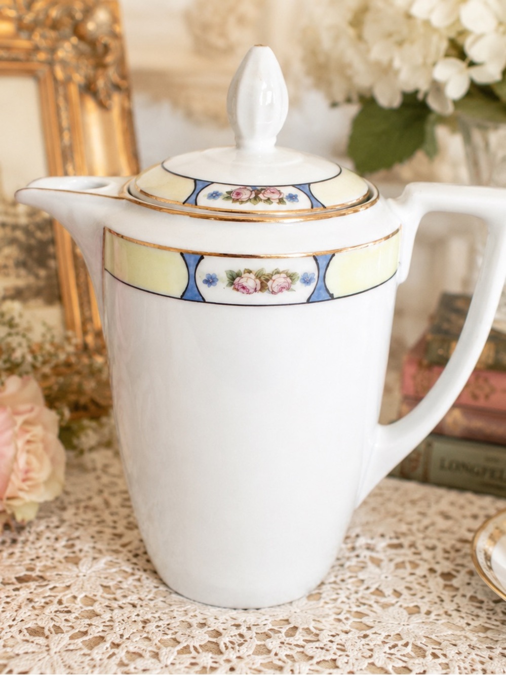 Vintage Czech Porcelain Coffee Pot Art Deco Floral Cottagecore Grandmillennial